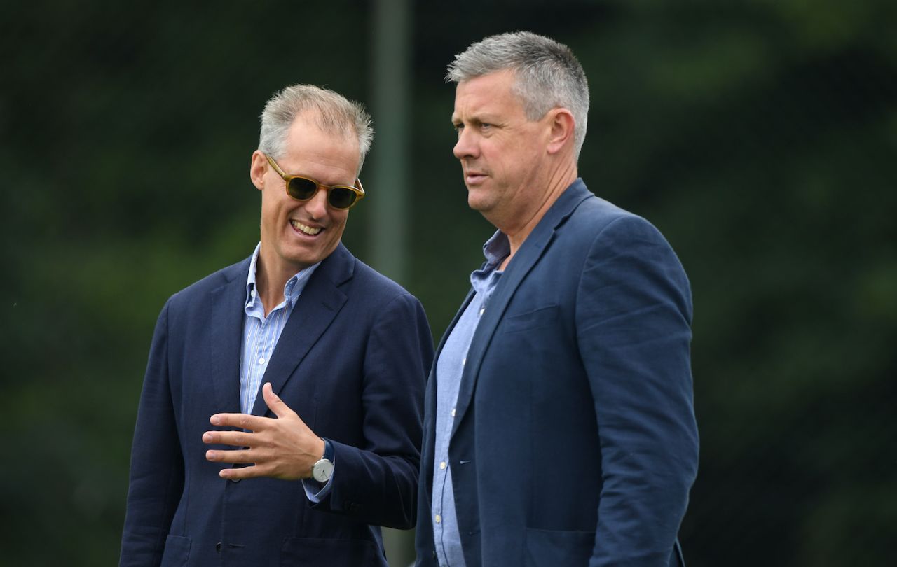 England chairman of selectors Ed Smith (left) and director of cricket Ashley Giles talk at an England nets session the day before the first Ashes Test, Edgbaston, July 31, 2019
