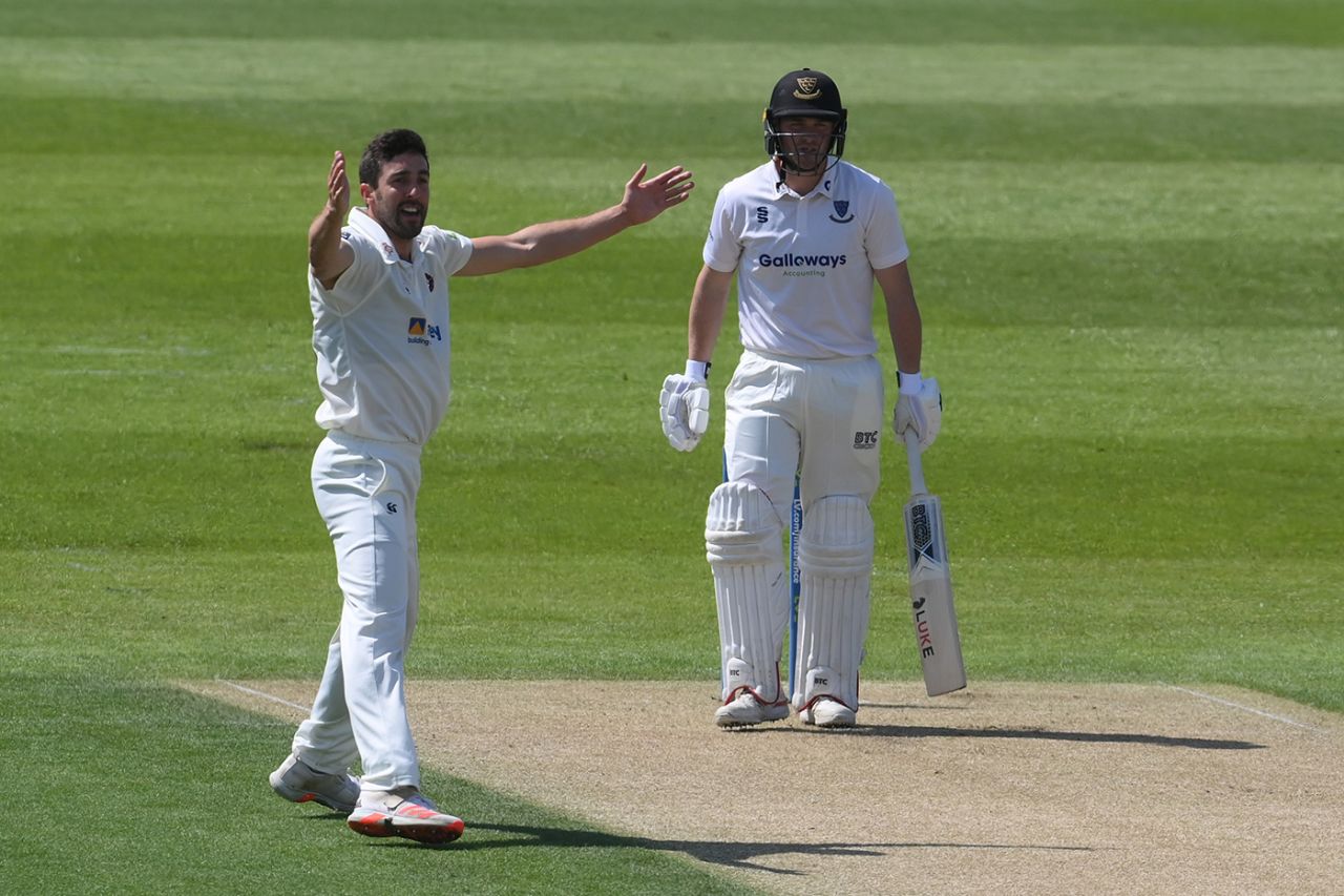 Ben Sanderson appeals successfully for lbw against Aaron Thomason, LV= Insurance County Championship, Sussex vs Northamptonshire, day one, The 1st Central County Ground, May 27, 2021