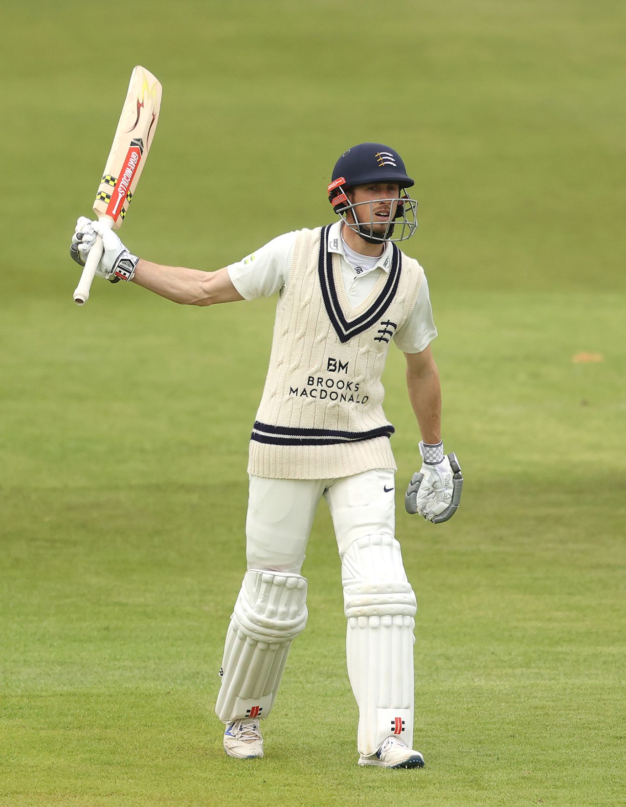 John Simpson celebrates reaching 50 en route to 95 not out, LV= Insurance County Championship, Leicestershire vs Middlesex, day 1, Grace Road, May 27, 2021