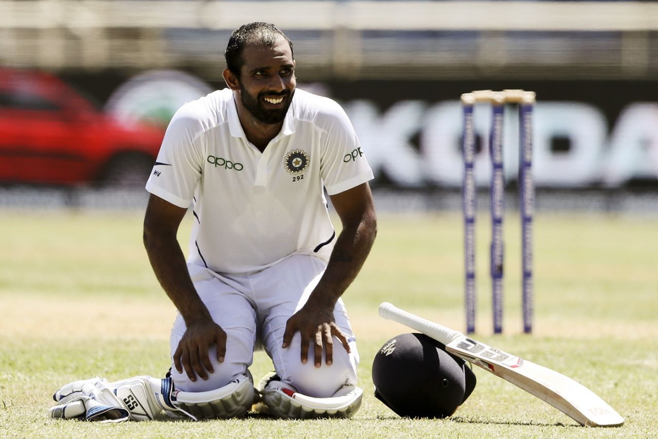 Hanuma Vihari kneels on the ground while waiting for drinks to arrive, West Indies v India, 2nd Test, Kingston, 1st day, August 31, 2019
