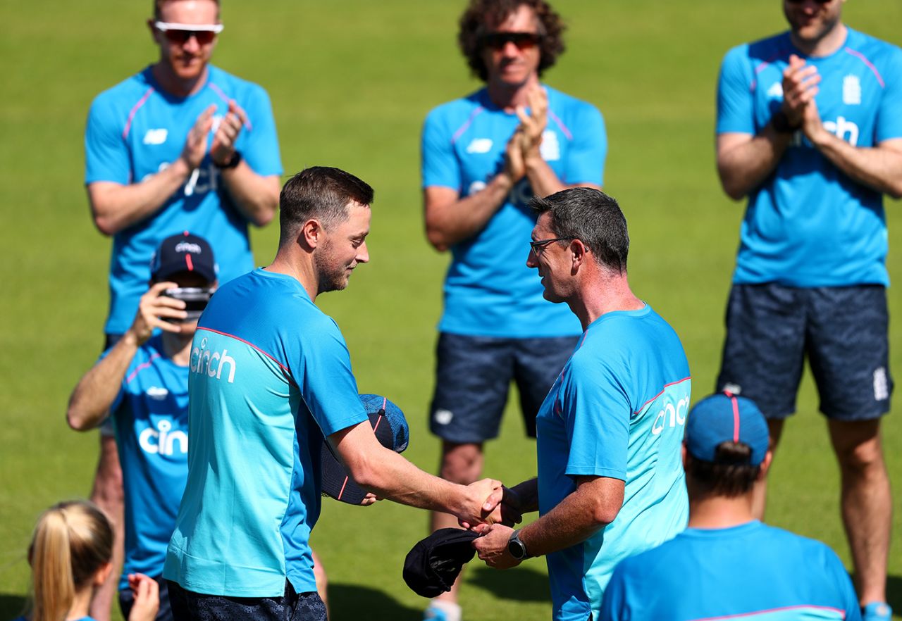 England bowling coach Jon Lewis presents Ollie Robinson of England with his cap, 1st LV= Insurance Test, England vs New Zealand, 1st day, Lord's, June 02, 2021