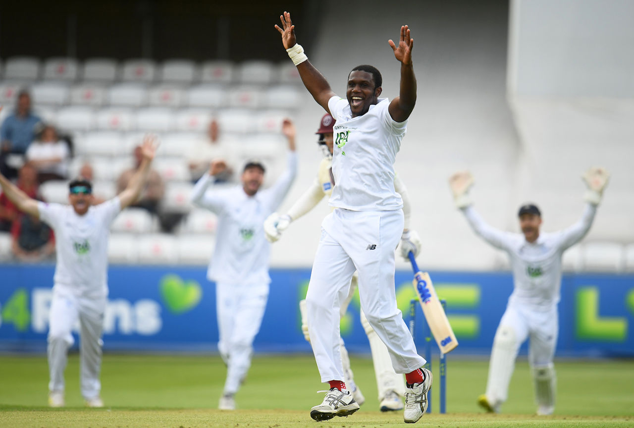 Keith Barker appeals successfully for the lbw of George Bartlett, LV= Insurance County Championship, Somerset vs Hampshire, Taunton, June 03, 2021 in Taunton
