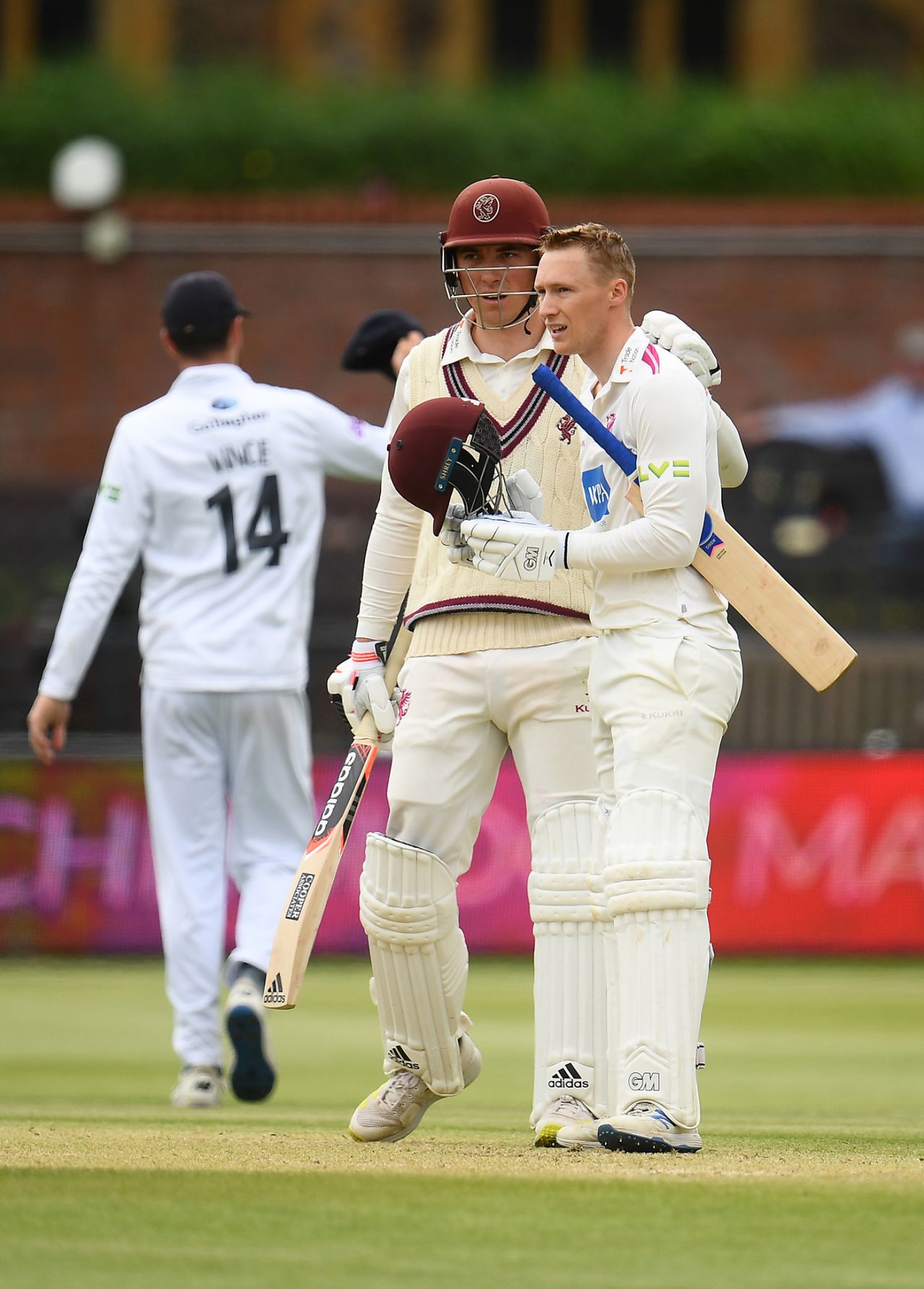 George Bartlett is congratulated by somerset team-mate Tom Banton on reaching his century, LV= Insurance County Championship, Somerset vs Hampshire, Taunton, June 6, 2021, Day 4, Taunton