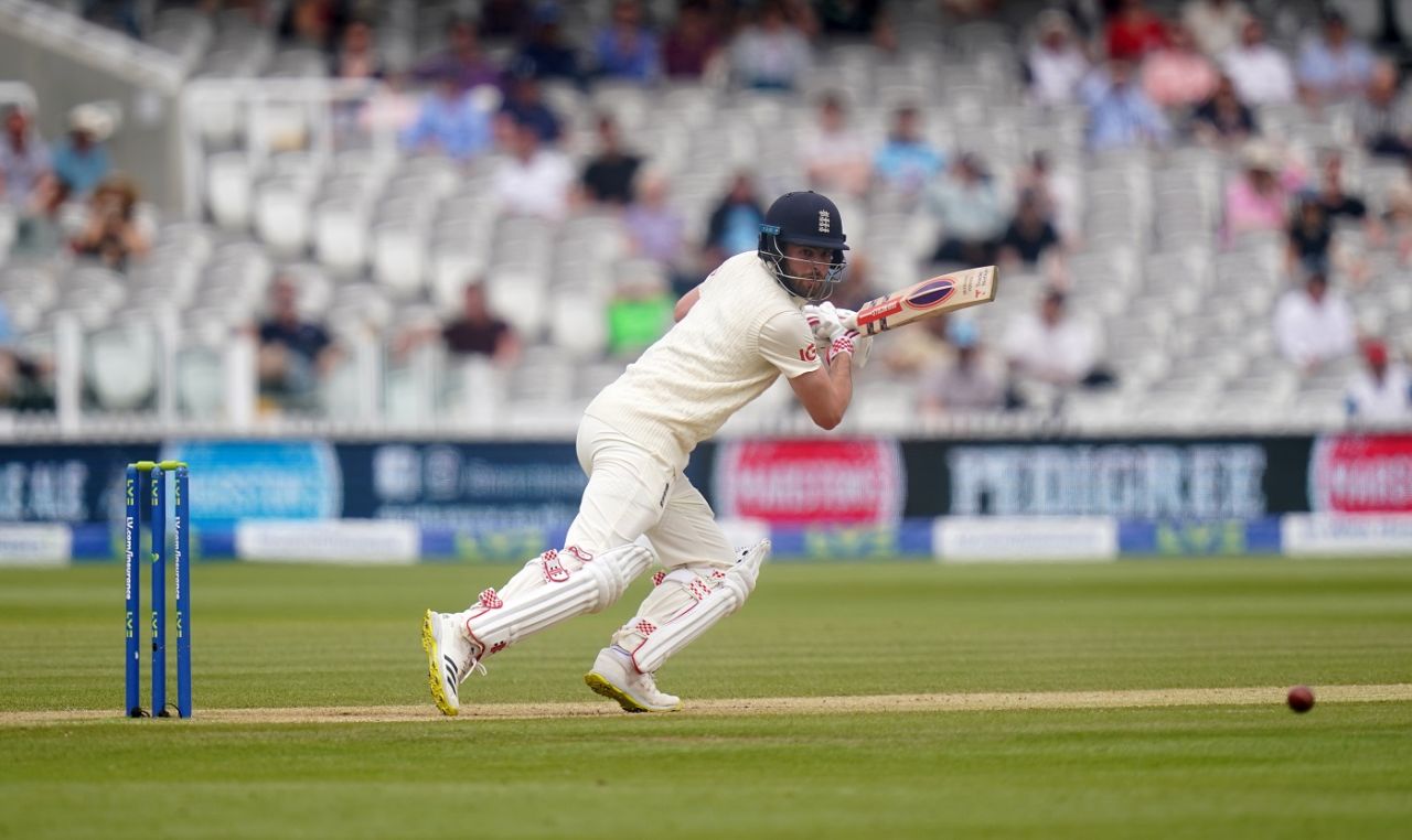 Dom Sibley taps one to the off side, England vs New Zealand, 1st Test, Lord's, 5th day, June 6, 2021