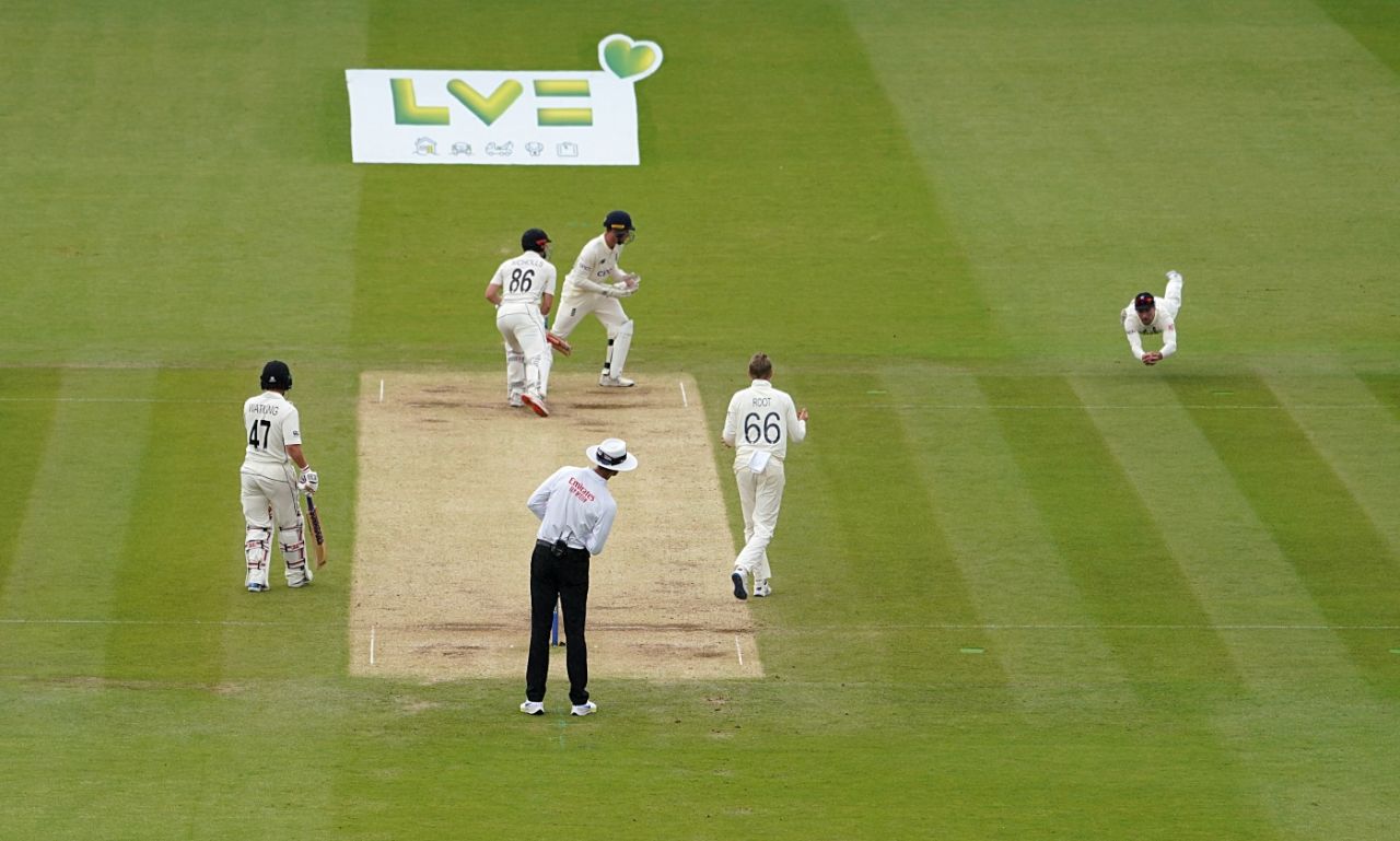 All eyes on Rory Burns as he dives to snaffle a Henry Nicholls mis-hit, England vs New Zealand, 1st Test, Lord's, 5th day, June 6, 2021