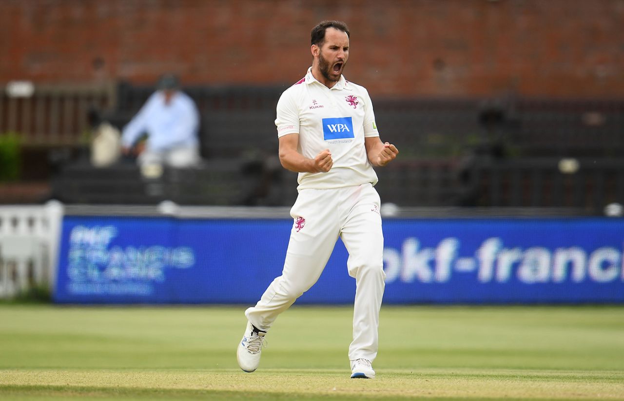 Lewis Gregory celebrates after taking the wicket of Cameron Steel, LV= Insurance County Championship, Somerset vs Hampshire, Taunton, June 6, 2021, Day 4, Taunton