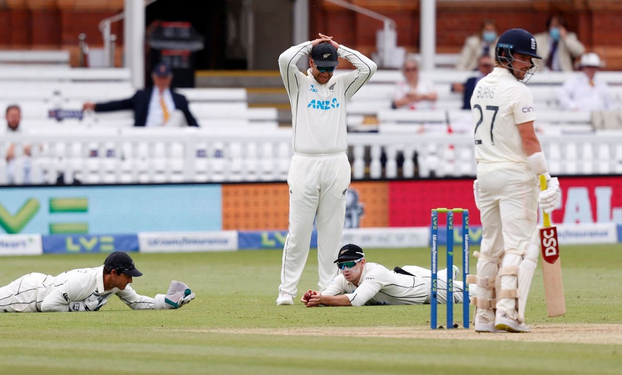 Rory Burns survives as the ball doesn't carry to Tom Latham at second slip, England vs New Zealand, 1st Test, Lord's, 5th day, June 6, 2021