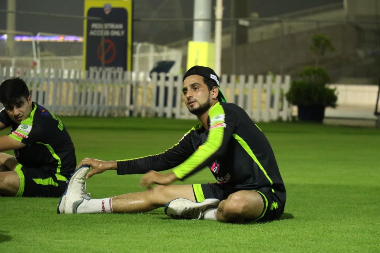 Zaid Alam stretches during a training session, Abu Dhabi, June 8, 2021