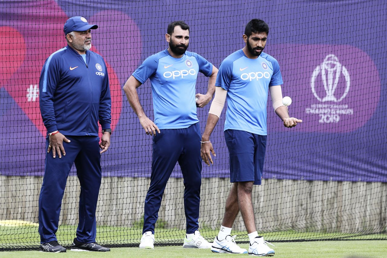 India bowling coach Bharat Arun with Mohammed Shami and Jasprit Bumrah at a training session ahead of the match, Afghanistan v India, World Cup 2019, Southampton, June 20, 2019