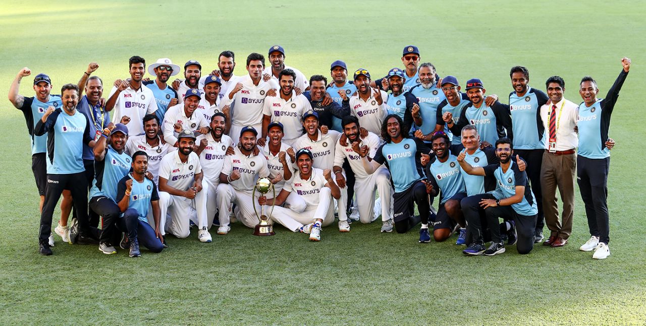 India's players and support staff celebrate the series win, Australia vs India, 4th Test, Brisbane, 5th day, January 19, 2021