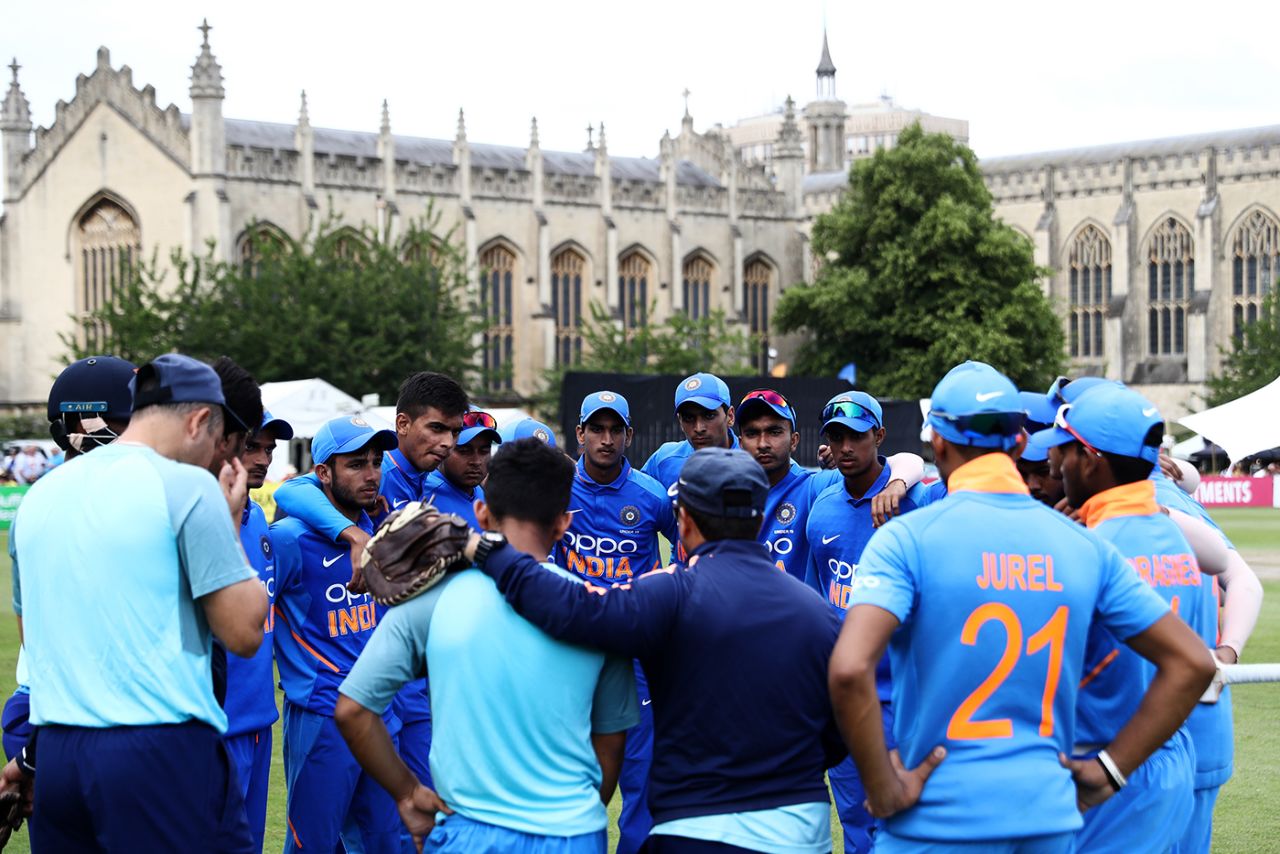 India Under-19 players talk in a huddle before the chase, England Under-19 v India Under-19, Cheltenham, July 26, 2019