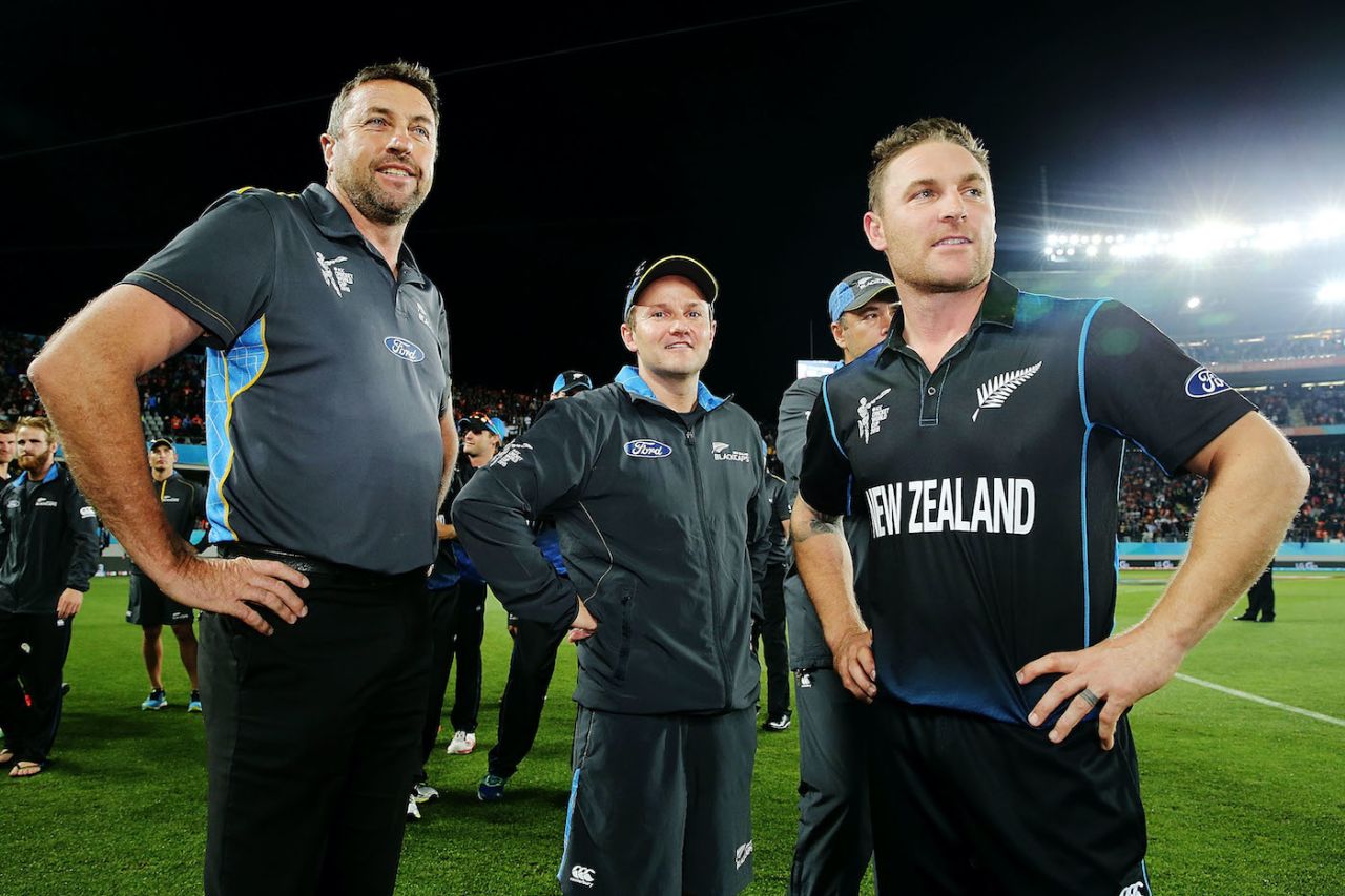 Mike Sandle, Mike Hesson and Brendon McCullum look on after winning the semi-final, New Zealand v South Africa, World Cup 2015, 1st Semi-Final, Auckland, March 24, 2015
