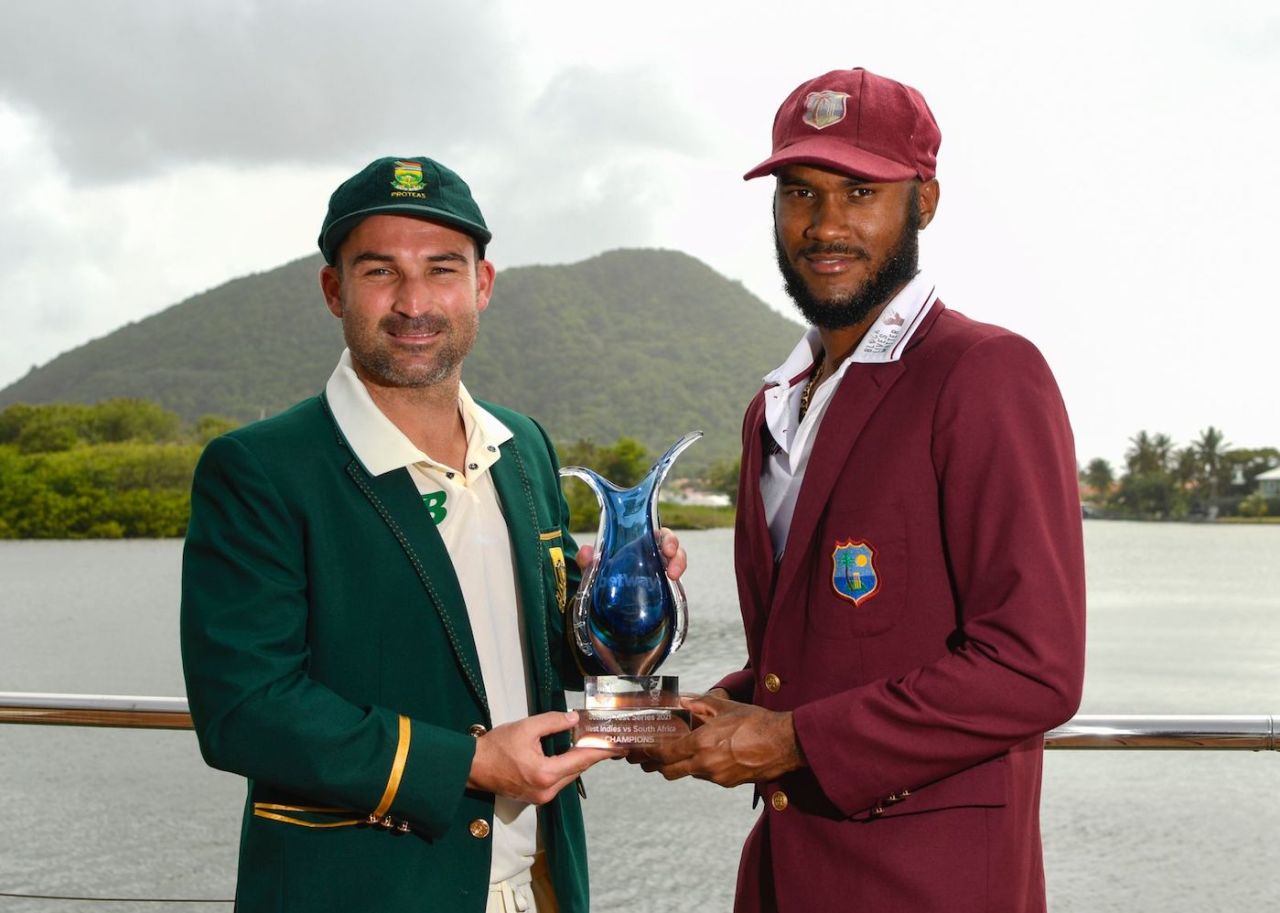 Captains Dean Elgar and Kraigg Brathwaite pose with the series trophy, St Lucia, June 9, 2019