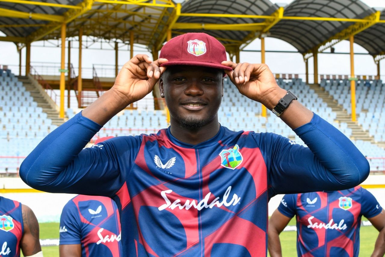Jayden Seales is all smiles after getting his Test cap, West Indies vs South Africa, 1st Test, St Lucia, 1st day, June 10, 2021