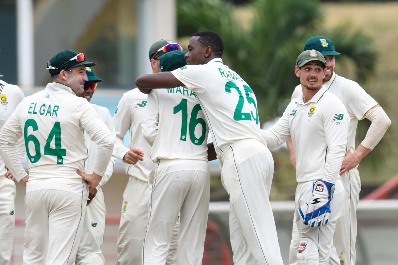 South Africa get together after a Kagiso Rabada strike, West Indies vs South Africa, 1st Test, St Lucia, 1st day, June 10, 2021