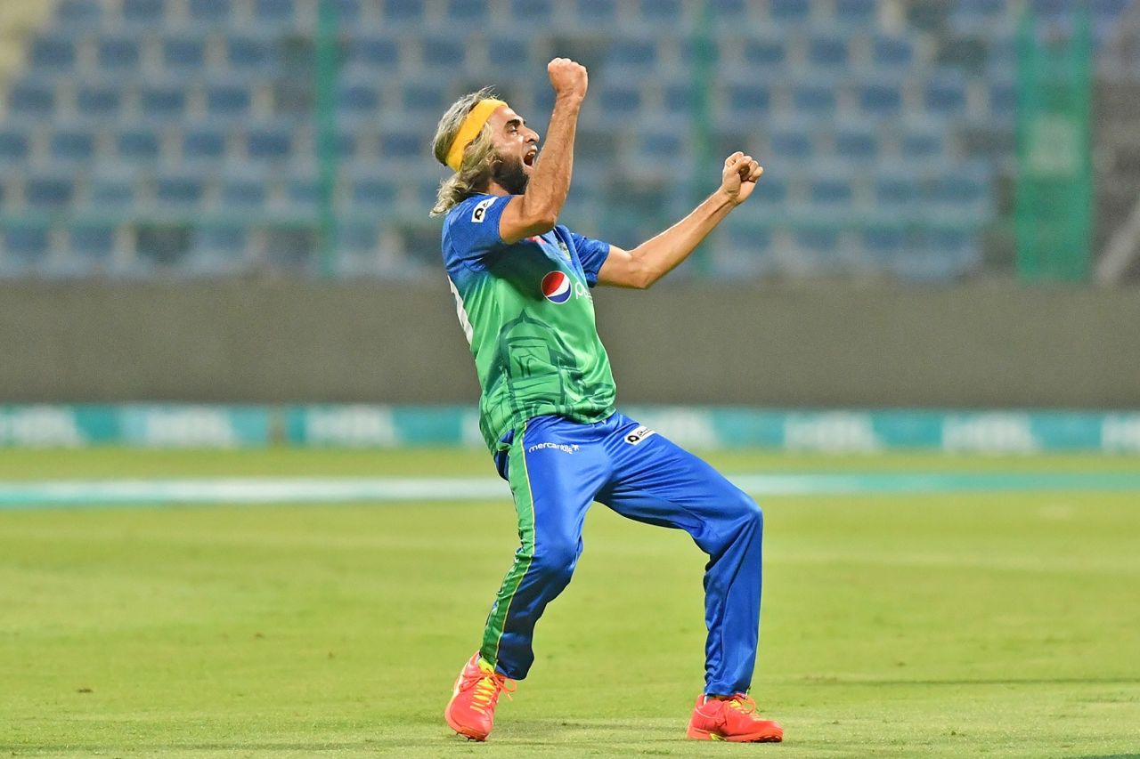 Imran Tahir celebrates one of his two wickets, Multan Sultans v Karachi Kings, PSL 2021, Abu Dhabi, June 10, 2021