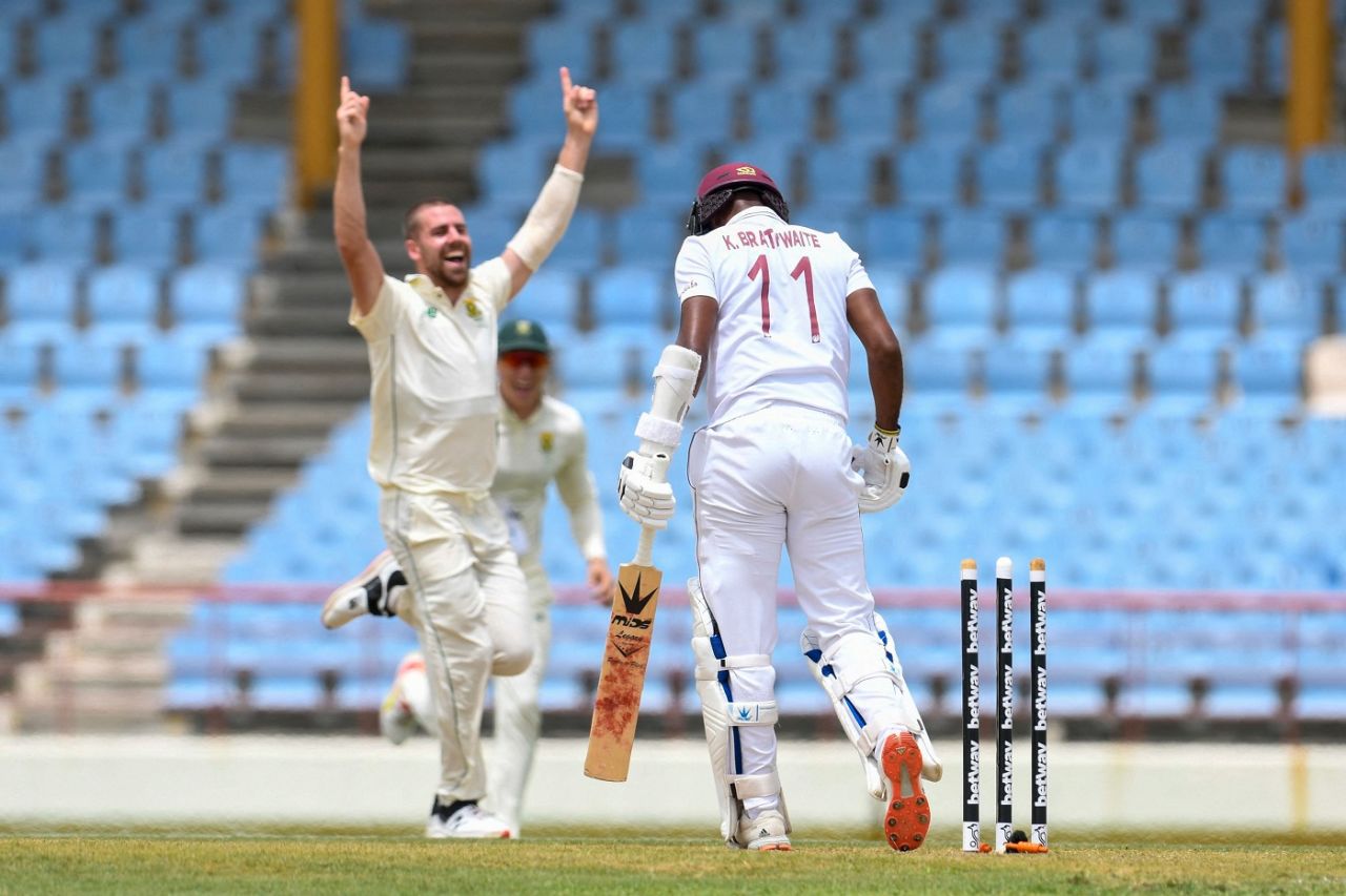 Anrich Nortje bowls Kraigg Brathwaite, West Indies vs South Africa, 1st Test, St Lucia, 1st day, June 10, 2021