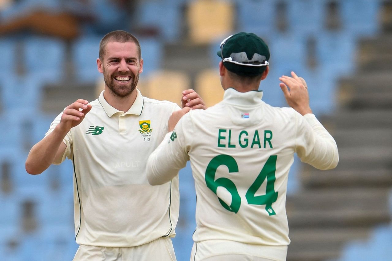 Anrich Nortje celebrates a wicket with Dean Elgar, West Indies vs South Africa, 1st Test, St Lucia, 1st day, June 10, 2021