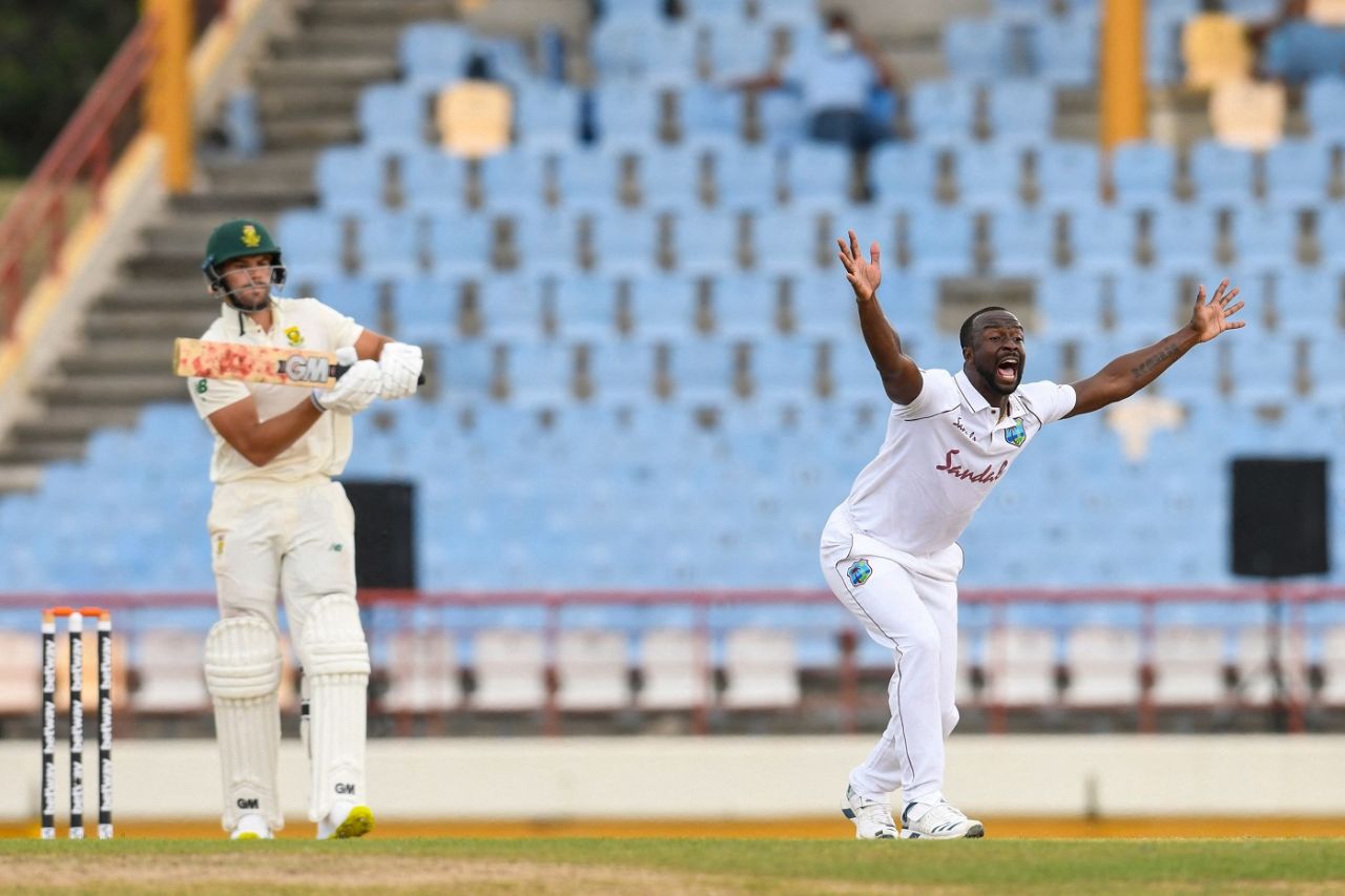 Kemar Roach appeals unsuccessfully against Aiden Markram, West Indies vs South Africa, 1st Test, St Lucia, 1st day, June 10, 2021
