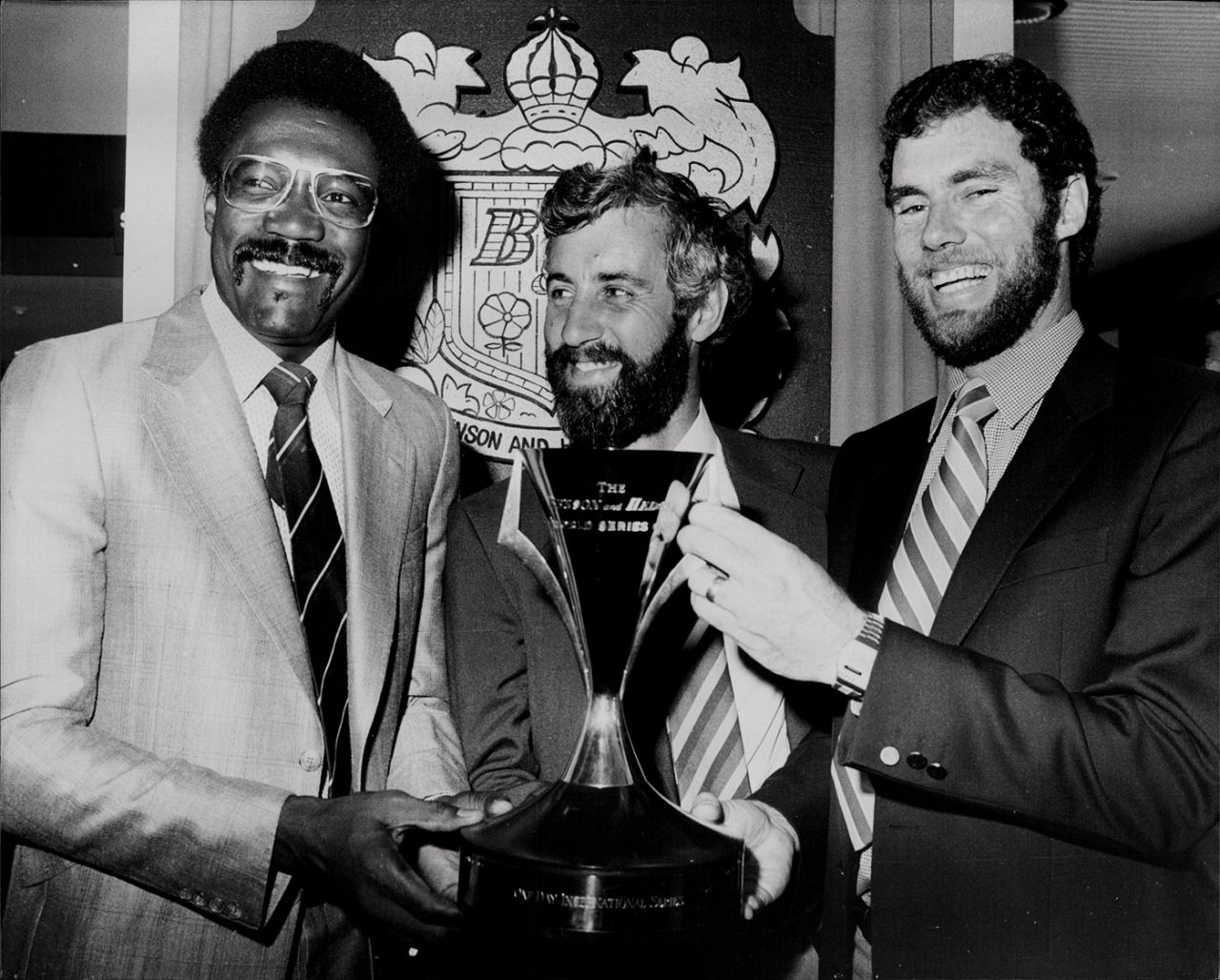 Clive Lloyd, Mike Brearley and Greg Chappell with the Benson & Hedges Cup in Sydney, November 26, 1979
