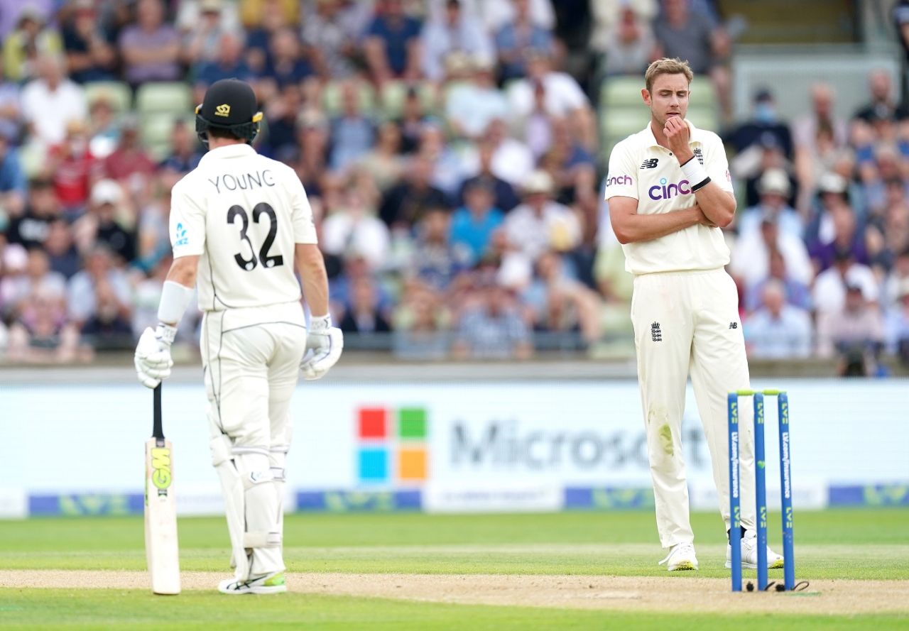 Stuart Broad has something to ponder during the New Zealand innings, England vs New Zealand, 2nd Test, Birmingham, 2nd day, June 11, 2021