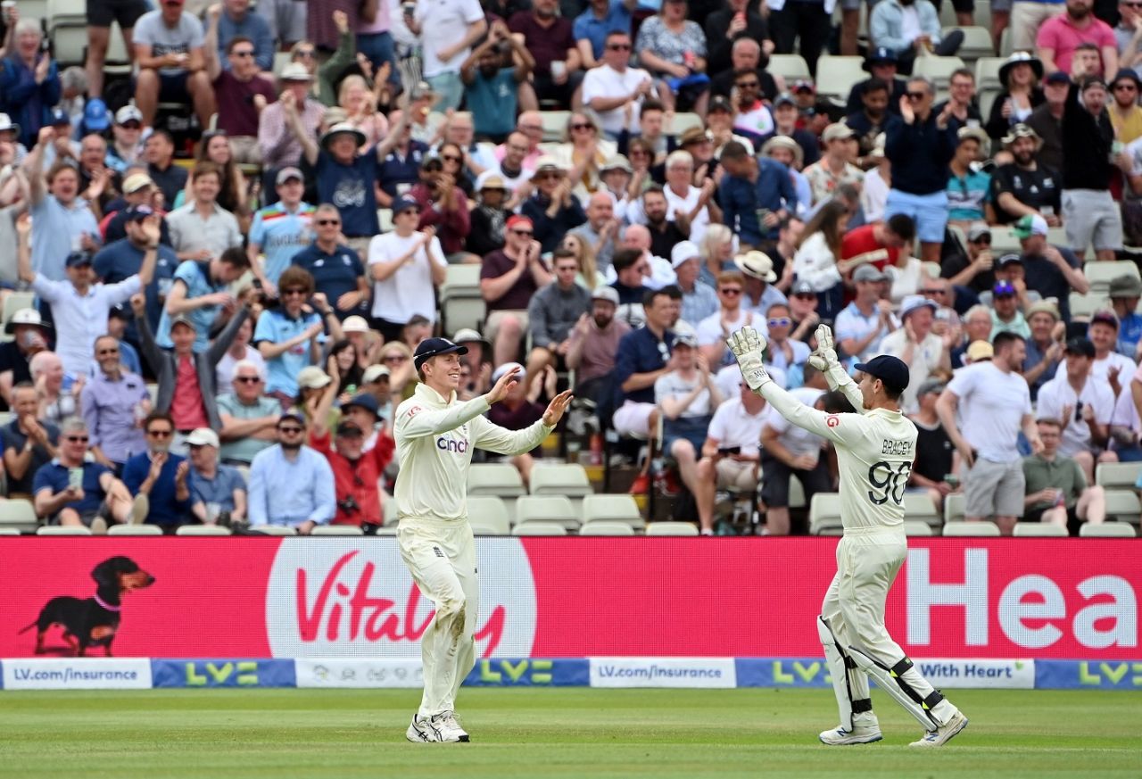 Zak Crawley and James Bracey celebrate after the former's catch got Devon Conway out, England vs New Zealand, 2nd Test, Birmingham, 2nd day, June 11, 2021