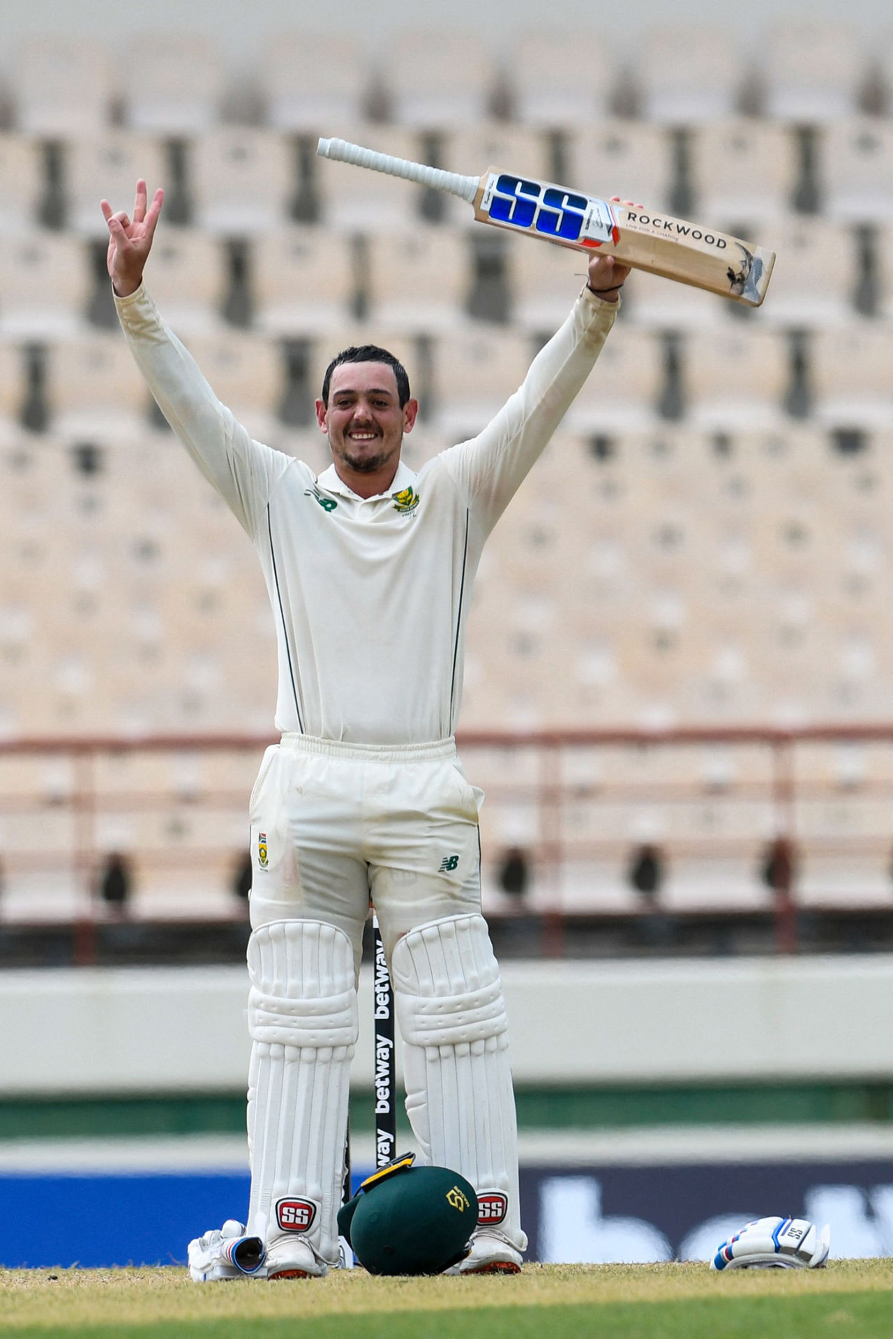 Quinton de Kock gestures to the dressing room on reaching his century, West Indies vs South Africa, 1st Test, St Lucia, 2nd day, June 11, 2021