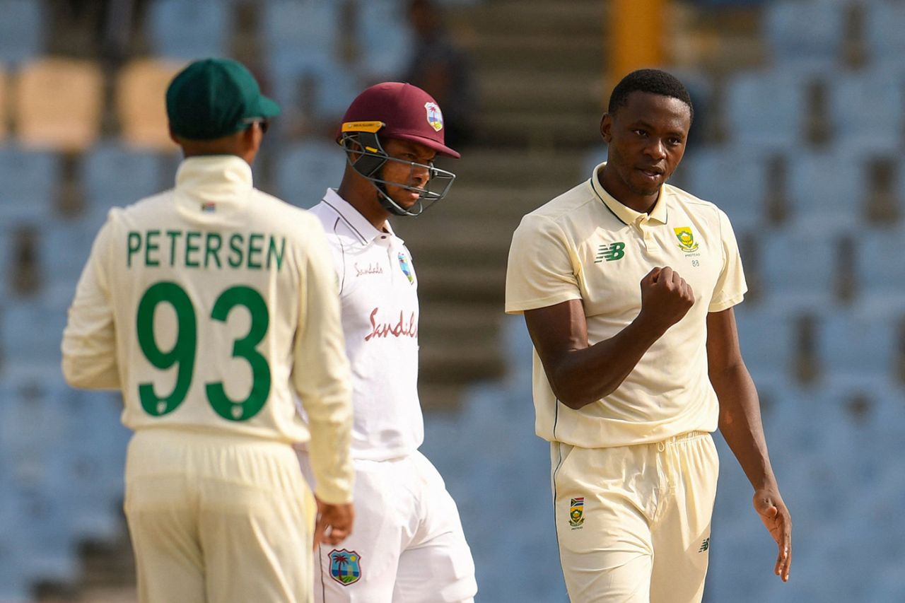 Kagiso Rabada celebrates a breakthrough, West Indies vs South Africa, 1st Test, St Lucia, 2nd day, June 11, 2021
