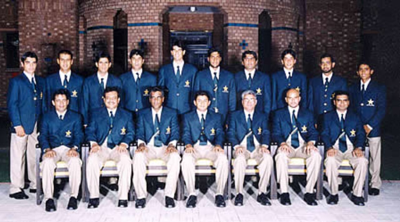 Pakistan Academy team to South Africa group photograph, 2003-04<br>Front (L-R): Faisal Athar, Dr Sohail Saleem (physio), Naved Anjum (coach), Faisal Iqbal (captain), Azhar Zaidi (manager), Junaid Zia (vice-captain), Naved Latif.<br>Back (L-R): Salman Butt, Sohail Ahmed, Khaqan Arsal, Bilal Asad, Abdul Rauf, Yasir Ali, Fahad Masood, Mansoor Amjad, Asim Kamal, Adnan Akmal.