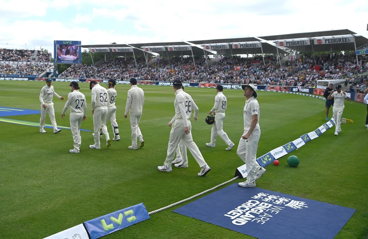 England captain Joe Root leads his team onto the field before the start of day three's play, England vs New Zealand, 2nd Test, Edgbaston, 3rd day, June 12, 2021