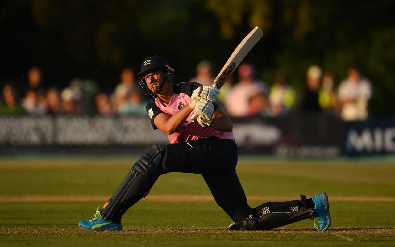 Chris Green climbs into a slog-sweep during Middlesex's run-chase at Radlett, Middlesex vs Hampshire, Vitality Blast, June 15, 2021
