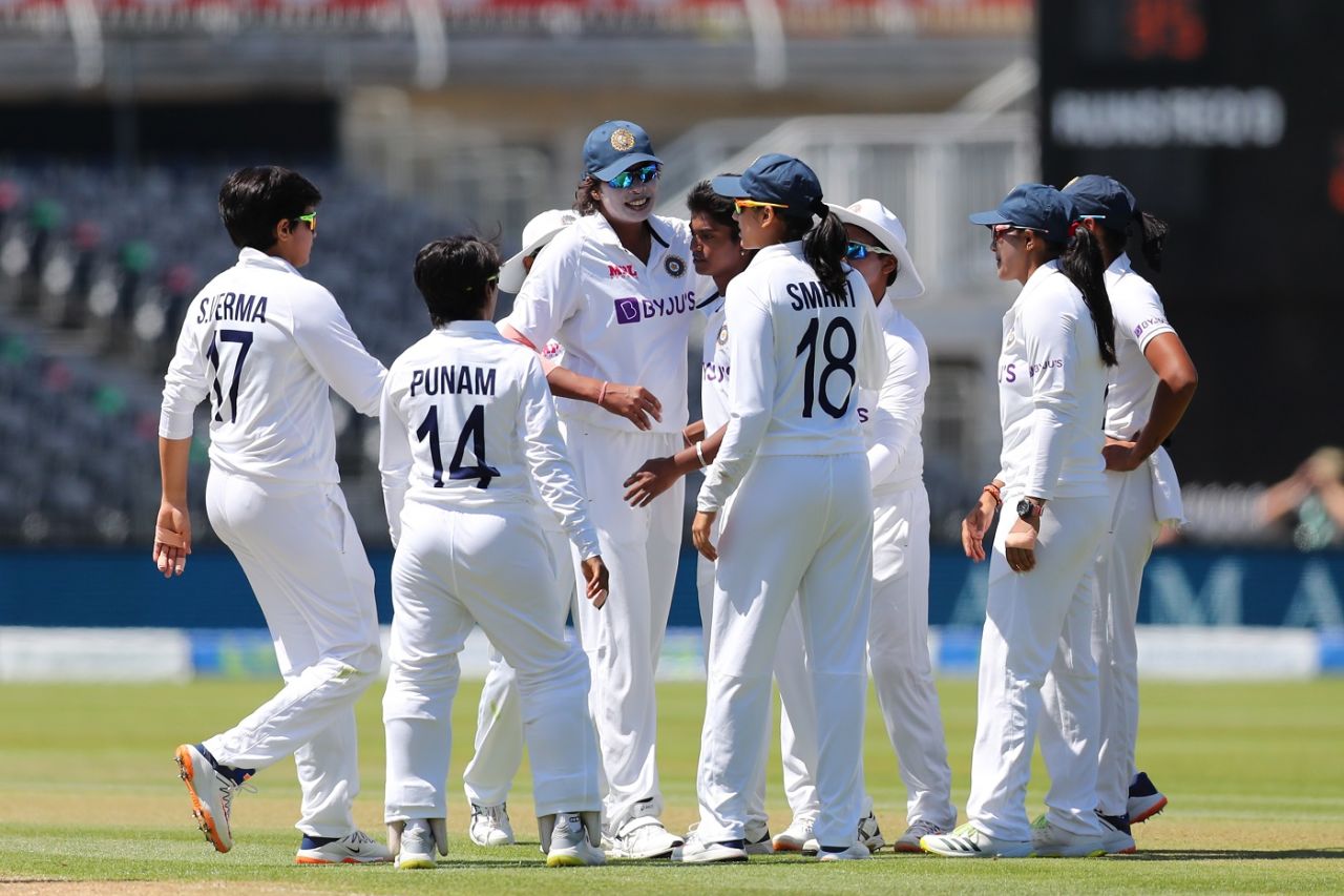 The Indians celebrate the wicket of Lauren Winfield-Hill, England Women vs India Women, Only Test, Bristol, 1st day, June 16, 2021