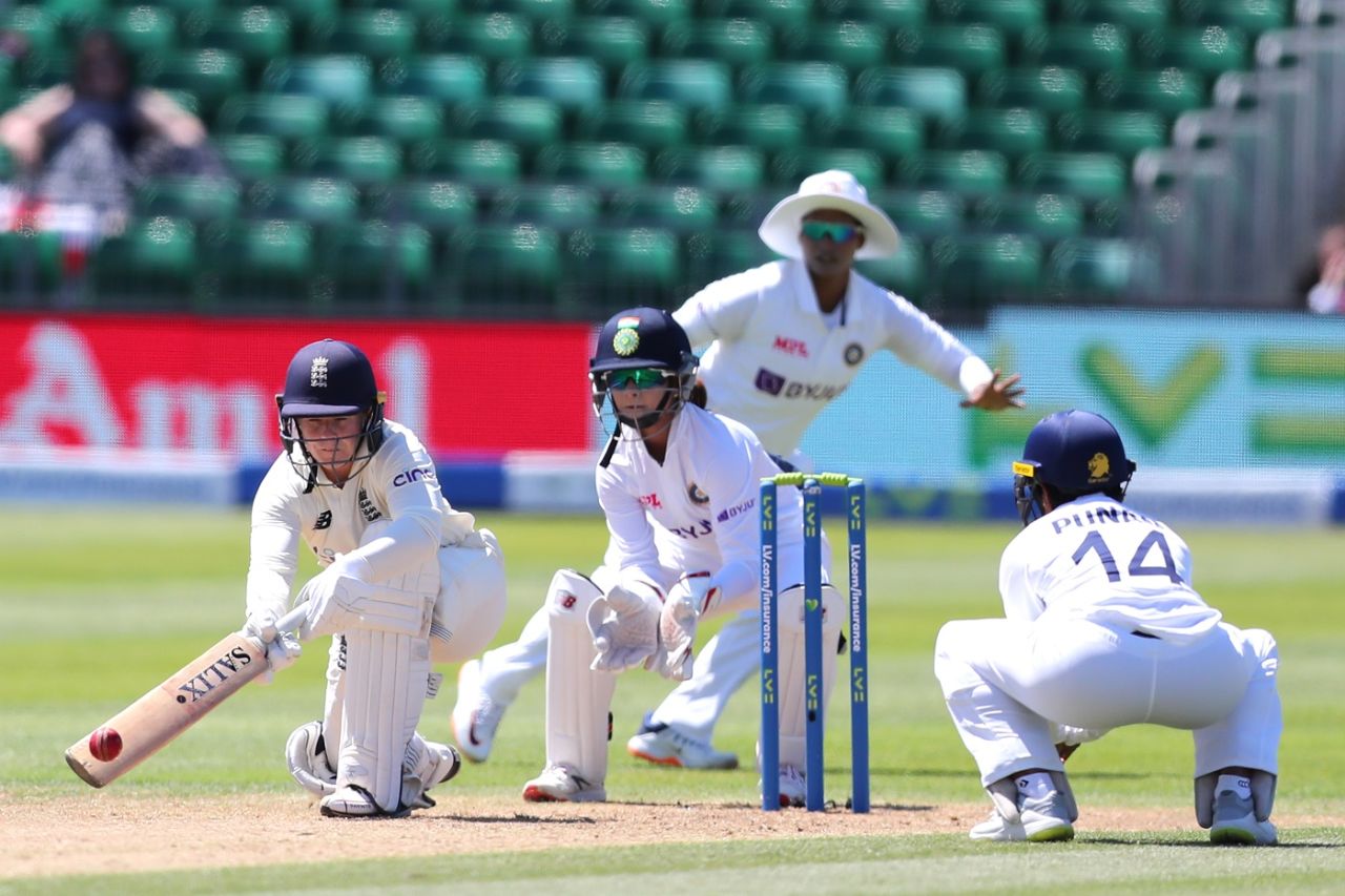 Tammy Beaumont gets into position to lap sweep the ball, England Women vs India Women, Only Test, Bristol, 1st day, June 16, 2021