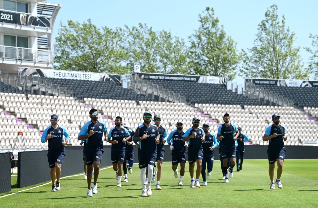 India do a lap of the Ageas Bowl in the build-up to the WTC final, India vs New Zealand, World Test Championship, final, Southampton, June 16, 2021