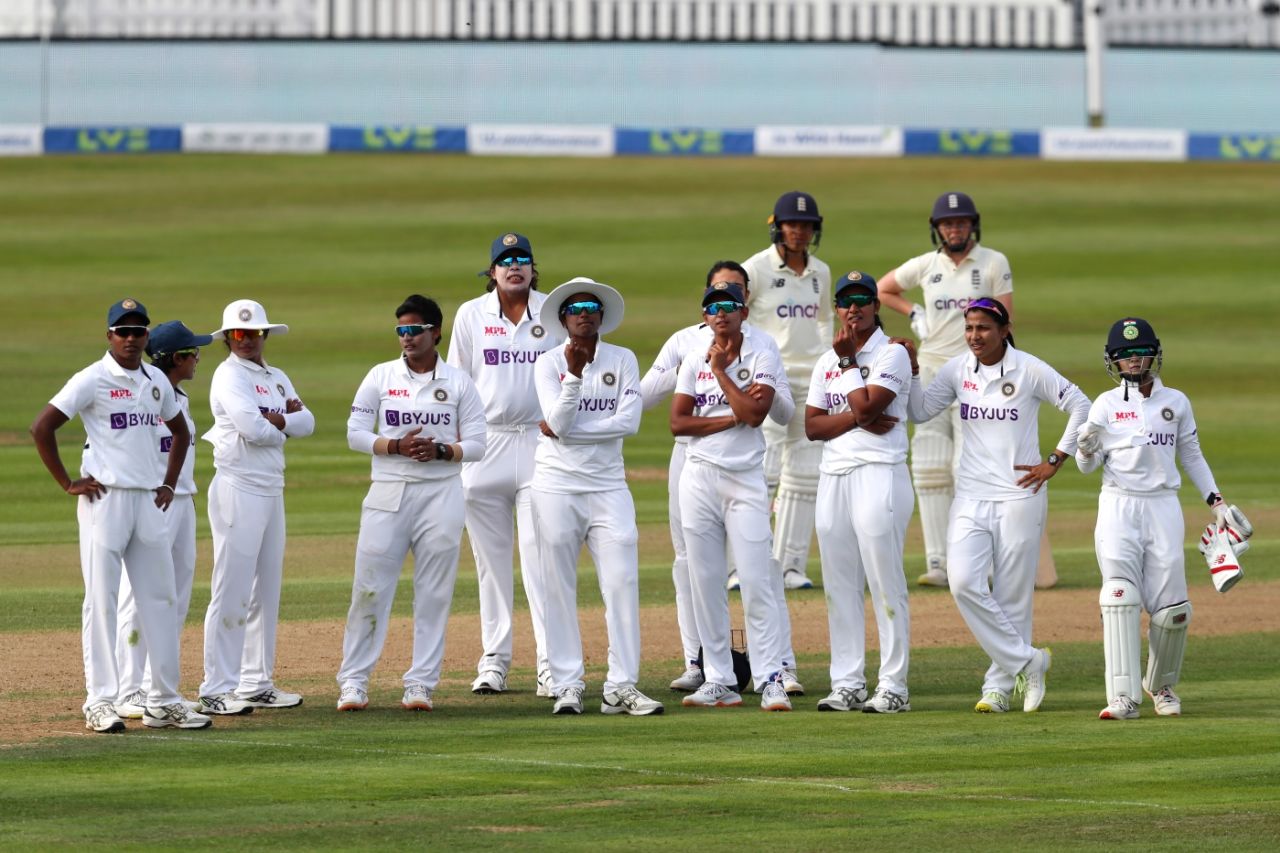 All eyes on the big screen: the players wait for the decision on a DRS review, England Women vs India Women, Only Test, Bristol, 1st day, June 16, 2021