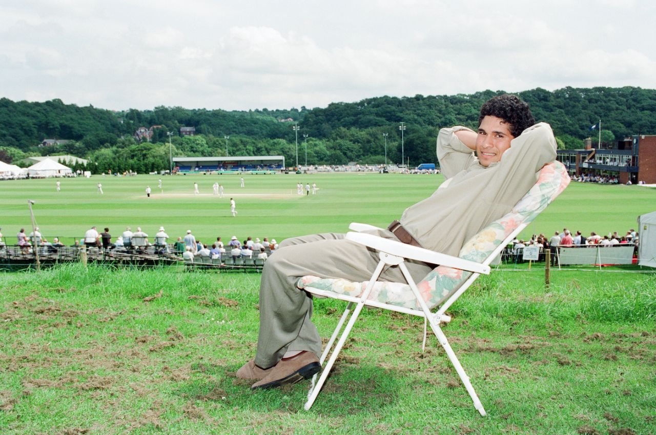 Sachin Tendulkar, first overseas signing for Yorkshire County Cricket Club, takes in a match, Sheffield, July 16, 1992