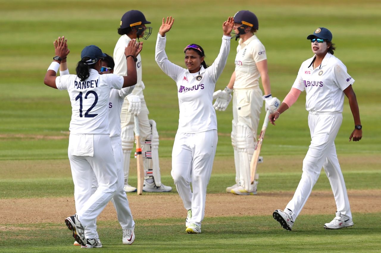 Sneh Rana celebrates one of her three wickets on the first day, England Women vs India Women, Only Test, Bristol, 1st day, June 16, 2021