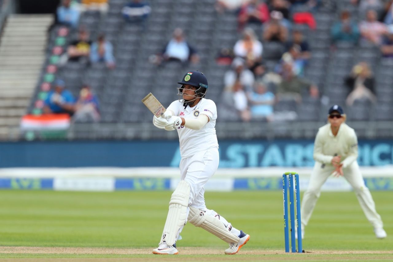 Shafali Verma biffs one into the leg side, England v India, only Women's Test, Bristol, 2nd day, June 17, 2021