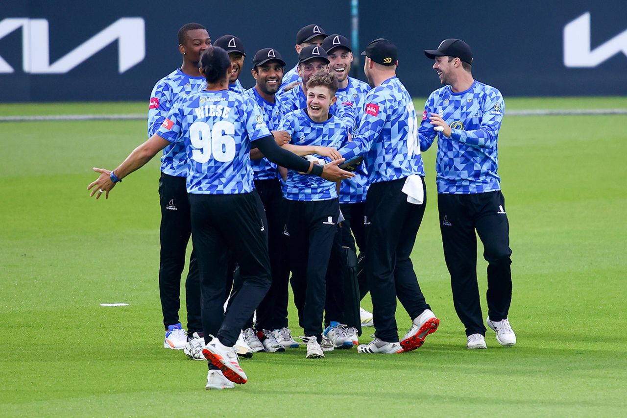 Archie Lenham is mobbed by his team-mates after taking a catch, Surrey vs Sussex, Vitality Blast, Kia Oval, June 17, 2021