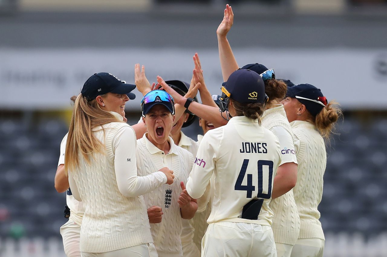England celebrate a late wicket on the second evening, England v India, only Women's Test, Bristol, 2nd day, June 17, 2021