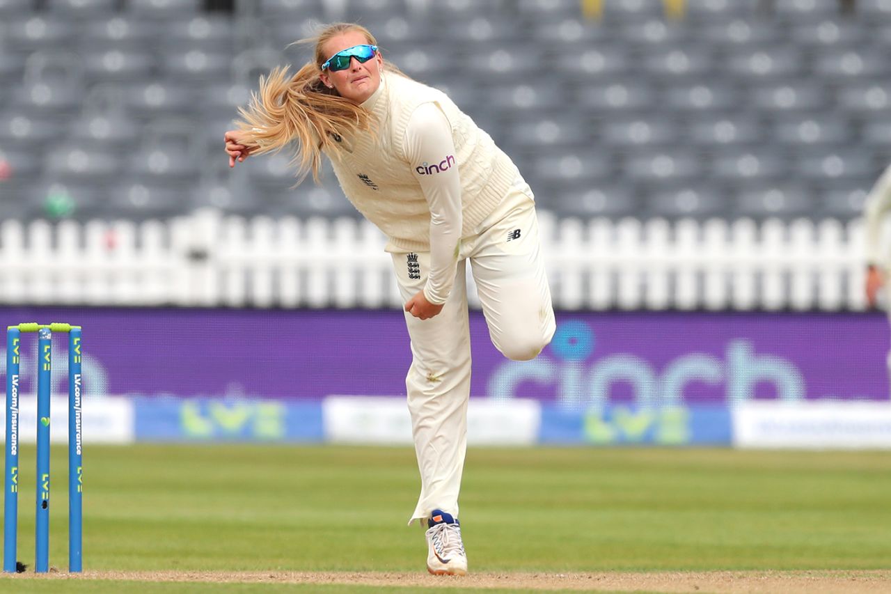 Sophie Ecclestone wheels away, England v India, only Women's Test, Bristol, 2nd day, June 17, 2021