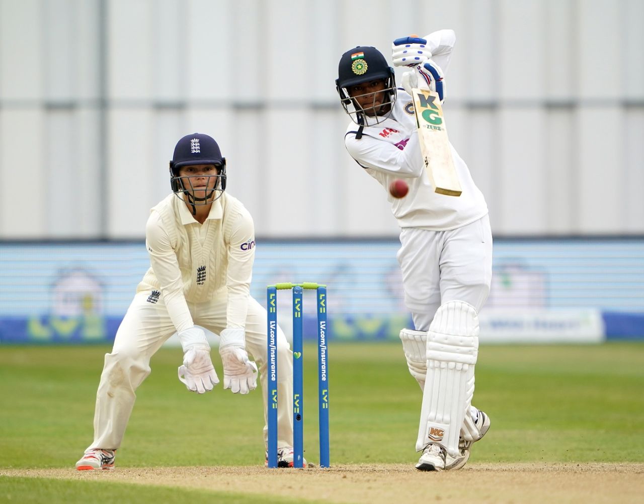 Pooja Vastrakar punches with a high elbow, England v India, only Women's Test, Bristol, 3rd day, June 18, 2021