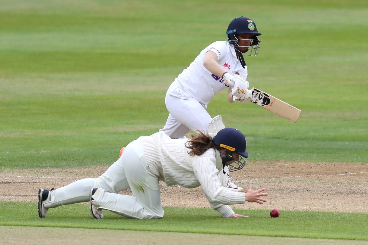 Deepti Sharma taps one past short leg, England v India, only Women's Test, Bristol, 3rd day, June 18, 2021