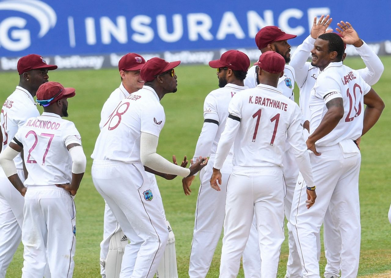 The West Indies players celebrate Aiden Markram's wicket, West Indies vs South Africa, 2nd Test, Gros Islet, 1st day, June 18, 2021