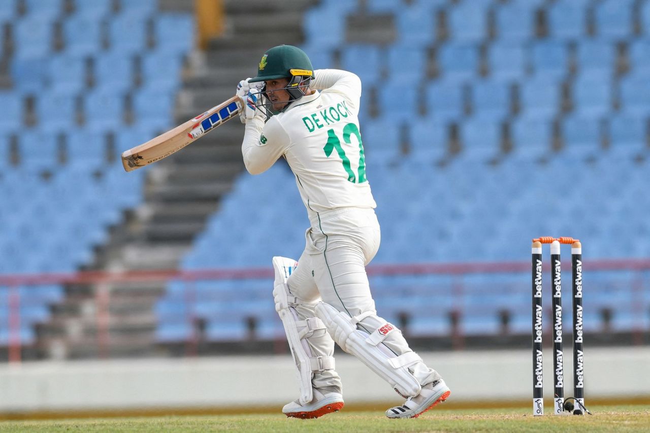 Quinton de Kock punches one through the off side, West Indies vs South Africa, 2nd Test, Gros Islet, 1st day, June 18, 2021