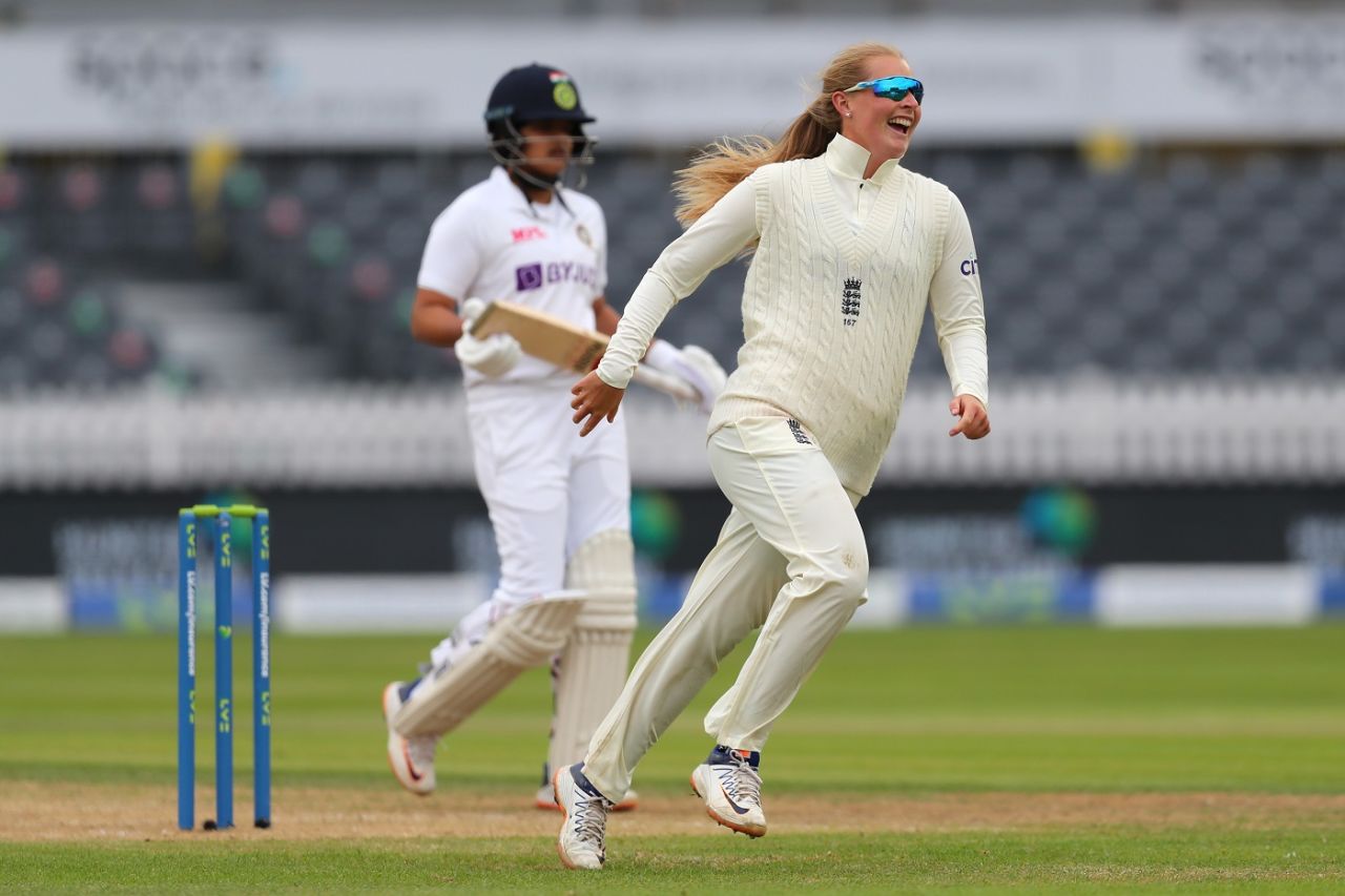 Sophie Ecclestone wheels away after dismissing Shafali Verma, England v India, only Women's Test, Bristol, 4th day, June 19, 2021