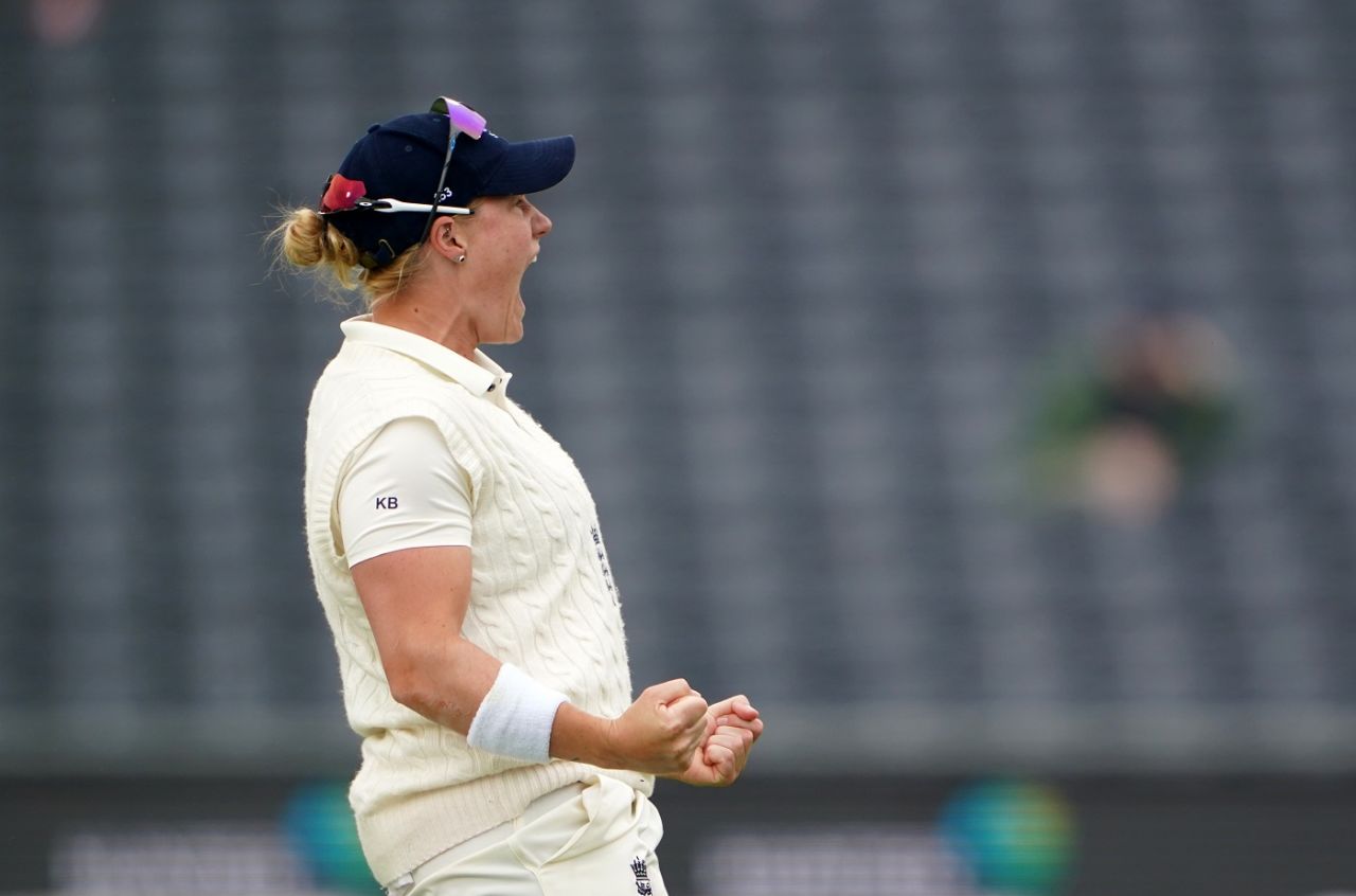 Katherine Brunt roars in celebration, England v India, only Women's Test, Bristol, 4th day, June 19, 2021