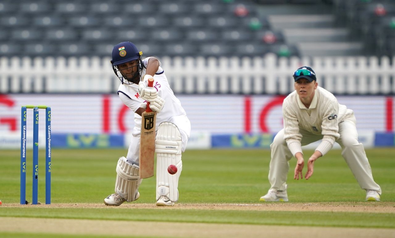 Punam Raut blocks resolutely, England v India, only Women's Test, Bristol, 4th day, June 19, 2021