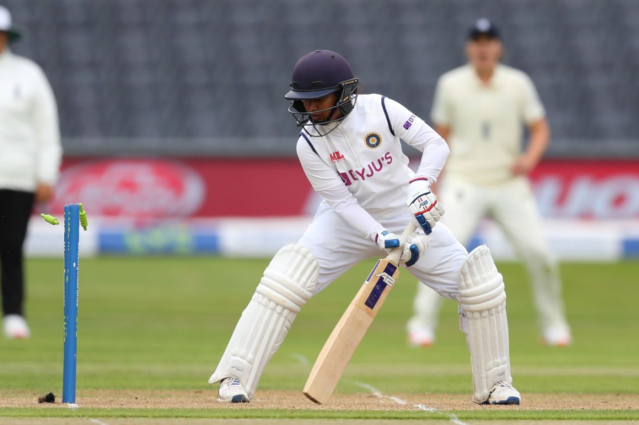 Mithali Raj was bowled by Sophie Ecclestone for 4, England v India, only Women's Test, Bristol, 4th day, June 19, 2021