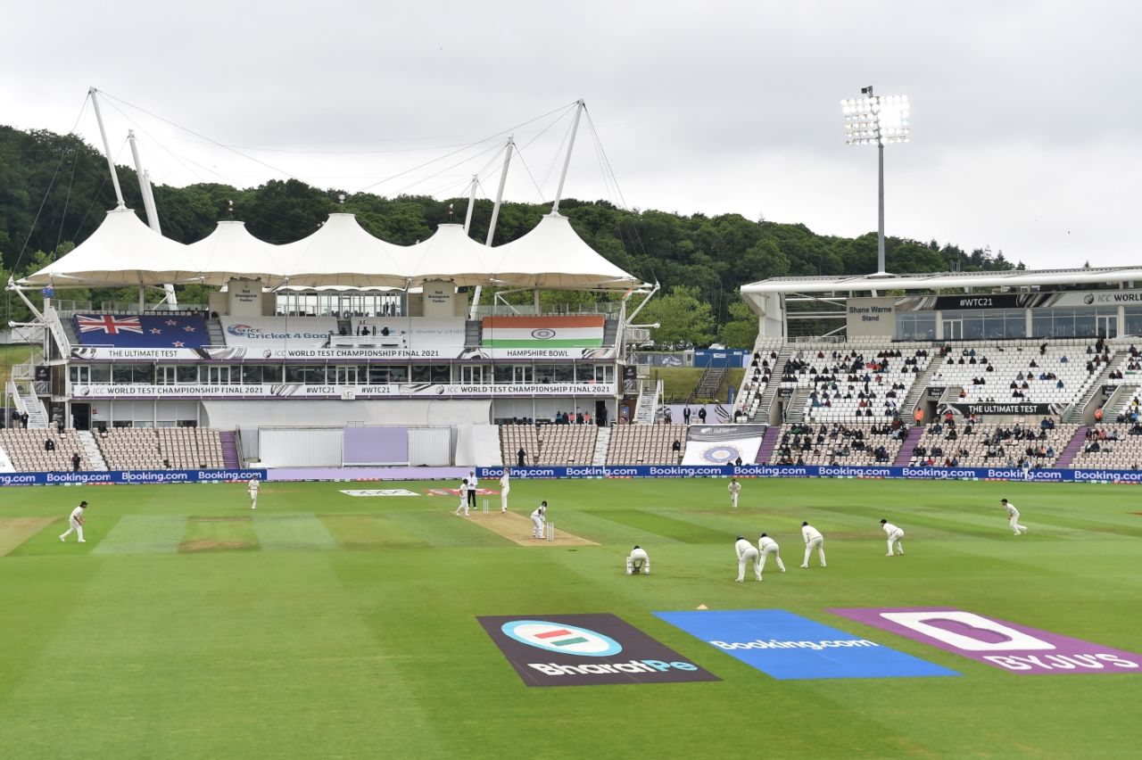 The lights were on most of day two of the WTC final at the Ageas Bowl, India vs New Zealand, World Test Championship (WTC) final, 2nd day, Southampton, June 19, 2021